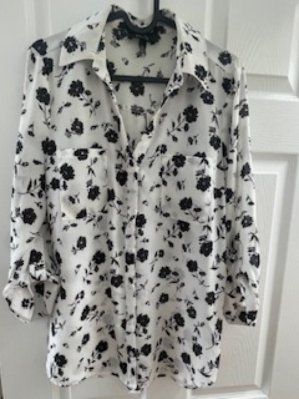 BCX White Button-Down Shirt with Black Floral Print- Large